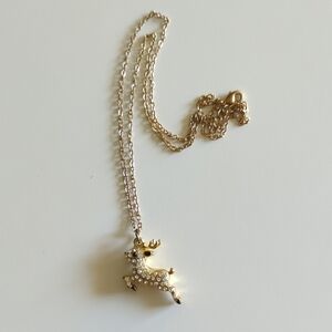 Gold-tone Pave Reindeer Pendant Necklace